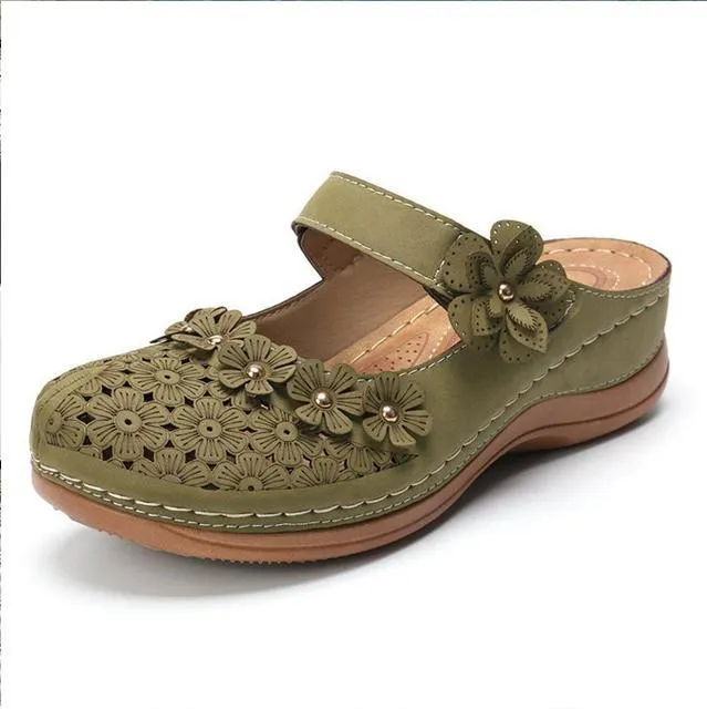 Chicvane Flower Cut Out Buckle Closure Leather Wedge Sandals Slides Shoes