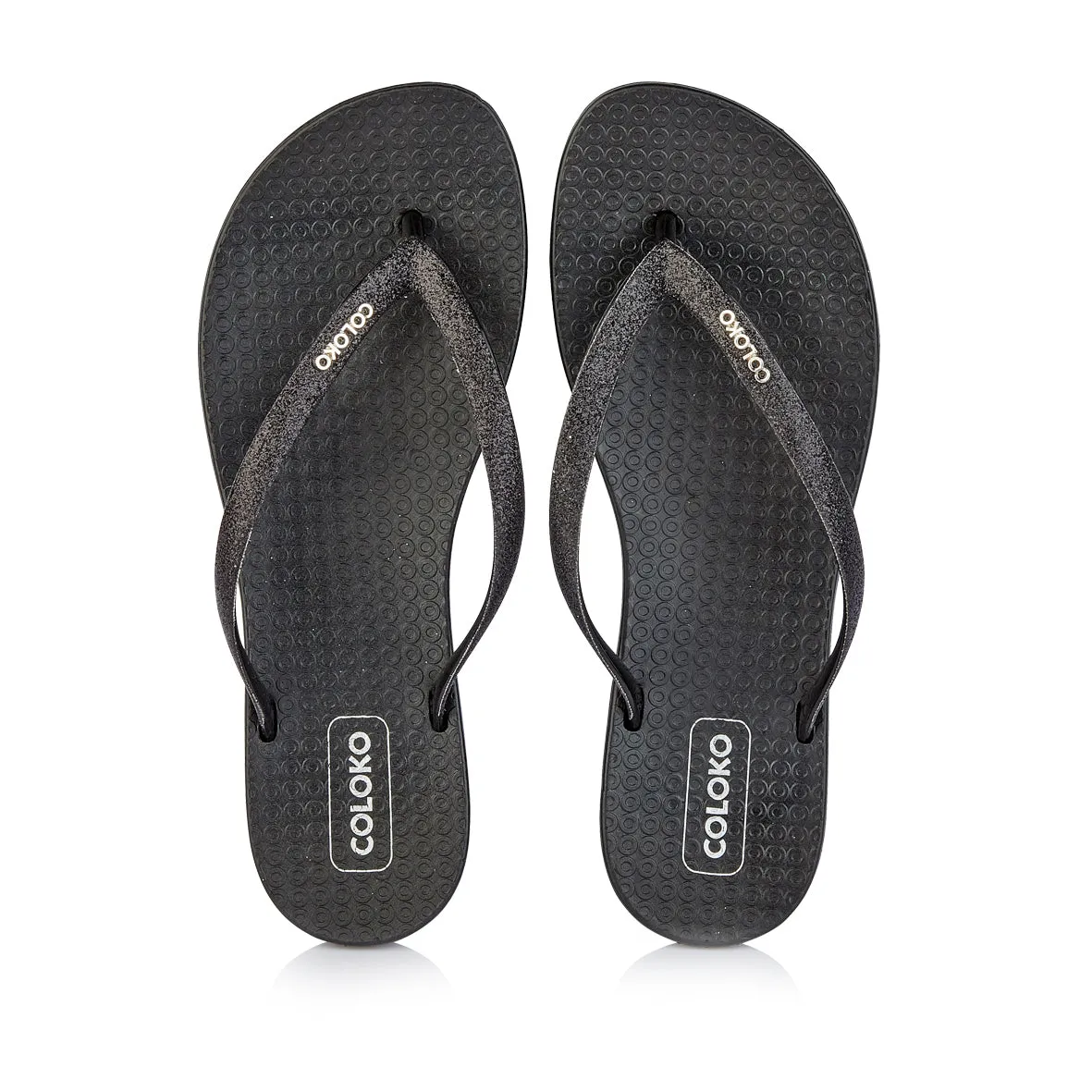 Coloko Orchid Black Glitter Curve Slim Sole Sparkly Glamorous Flip Flops