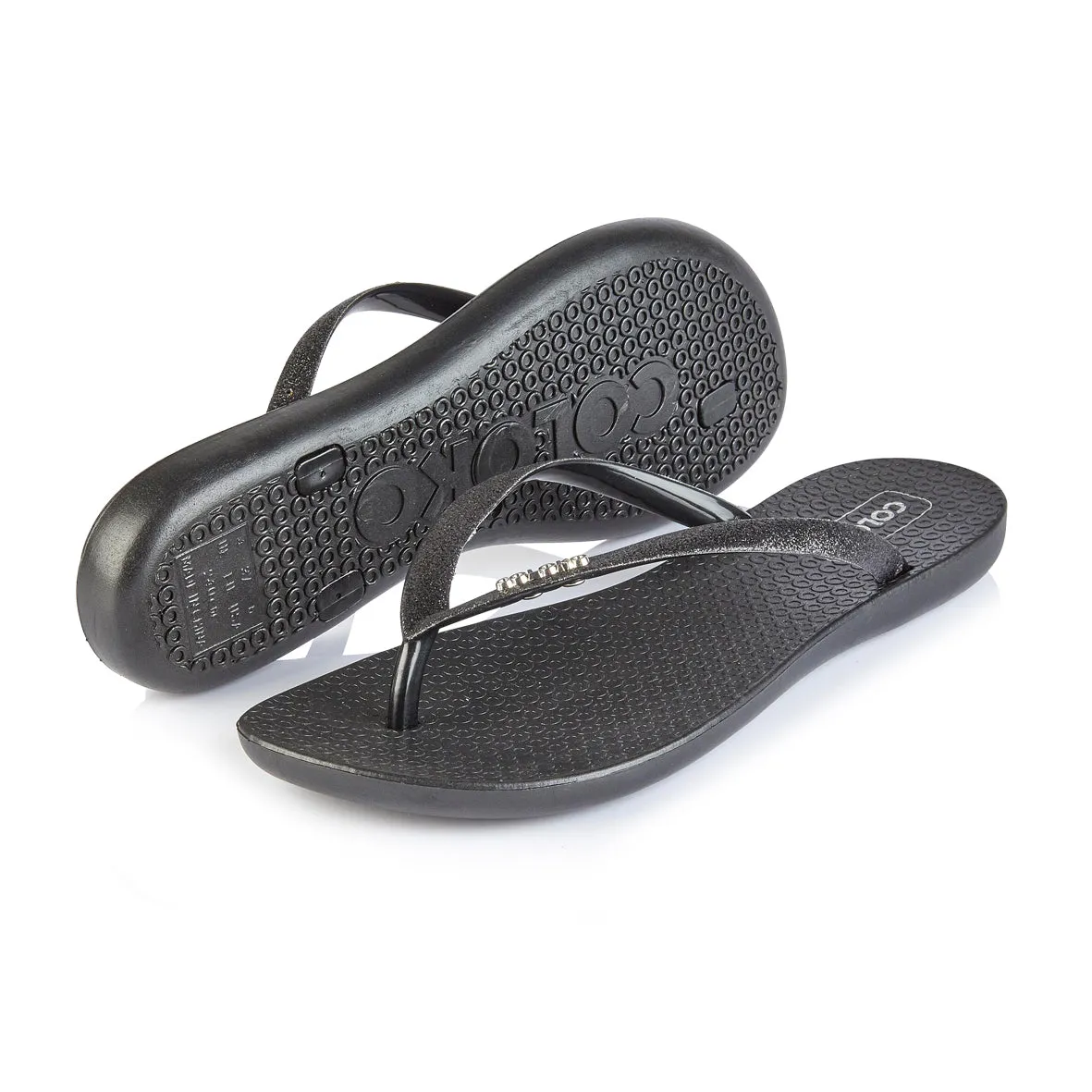 Coloko Orchid Black Glitter Curve Slim Sole Sparkly Glamorous Flip Flops