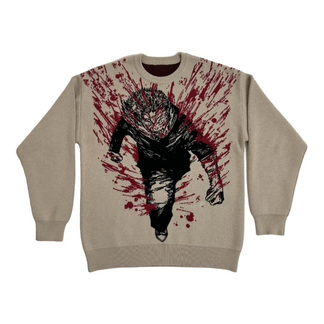 Premium Yuji Itadori-Inspired Knit Sweater – Jujutsu Kaisen Bloody Battle Jacquard Design