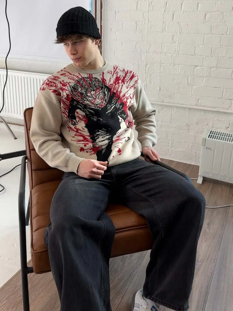 Premium Yuji Itadori-Inspired Knit Sweater – Jujutsu Kaisen Bloody Battle Jacquard Design