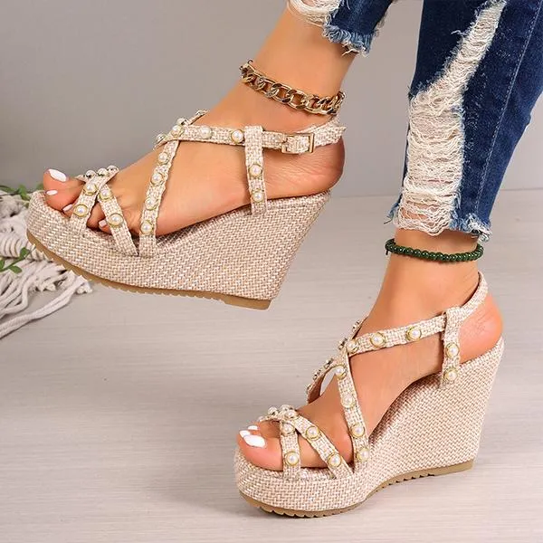 Women's Fashionable Pearl Roman Wedge Sandals 93136412S