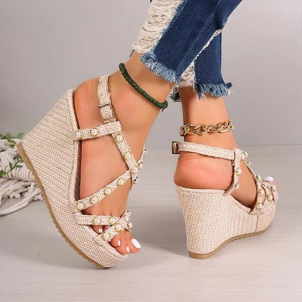 Women's Fashionable Pearl Roman Wedge Sandals 93136412S