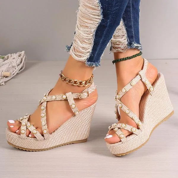 Women's Fashionable Pearl Roman Wedge Sandals 93136412S