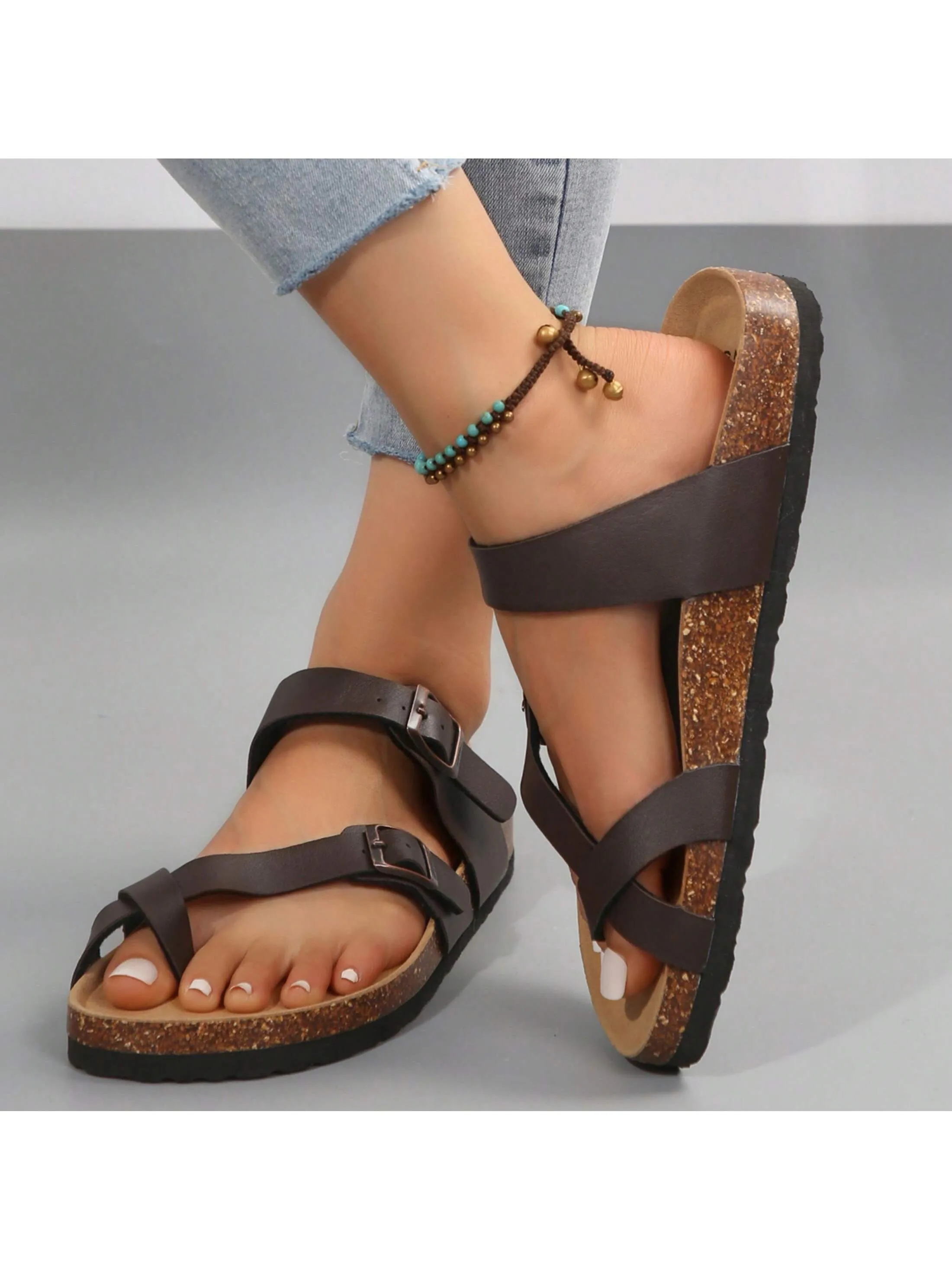 Women's Flat Cork Sandals, Summer Sandals Toe Loop Cross Strap, Retro Style