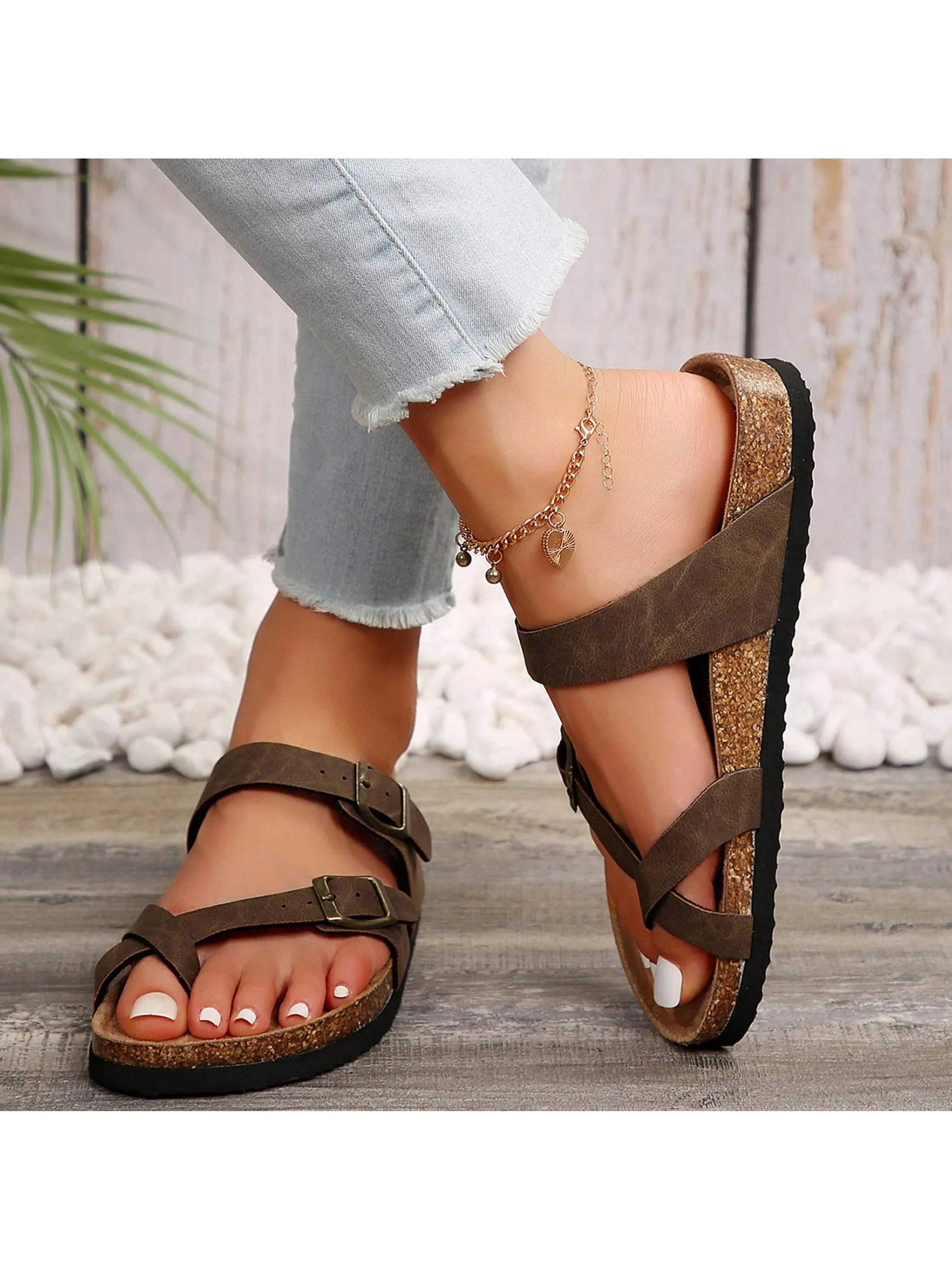 Women's Flat Cork Sandals, Summer Sandals Toe Loop Cross Strap, Retro Style