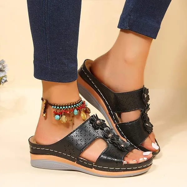Women's Hollow-Out Flower Embellished Wedge Sandals 63919491C