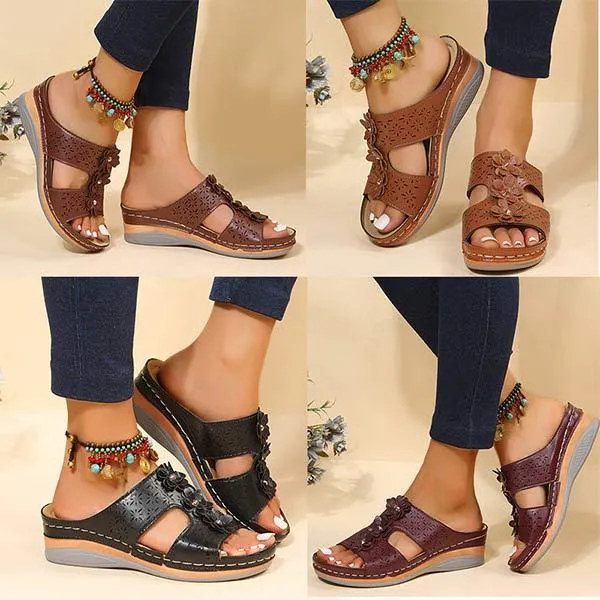 Women's Hollow-Out Flower Embellished Wedge Sandals 63919491C