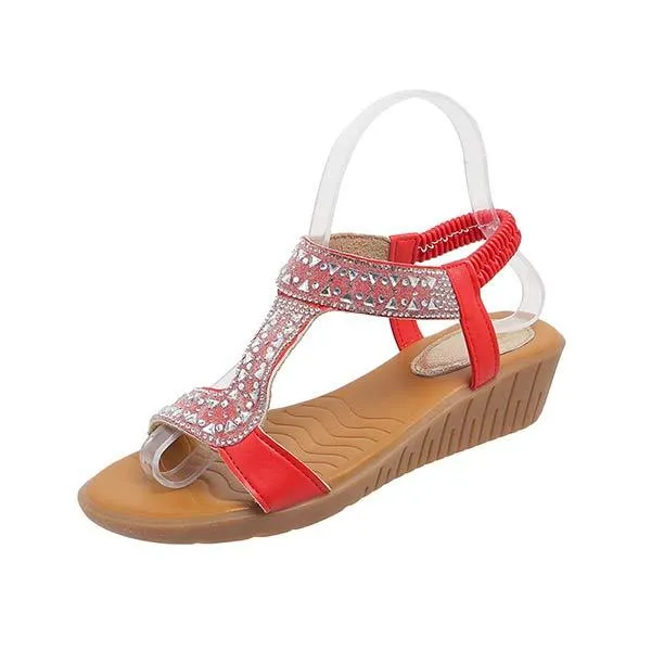 Women's Peep-Toe Elastic Strap Rhinestone Wedge Sandals 21563980C