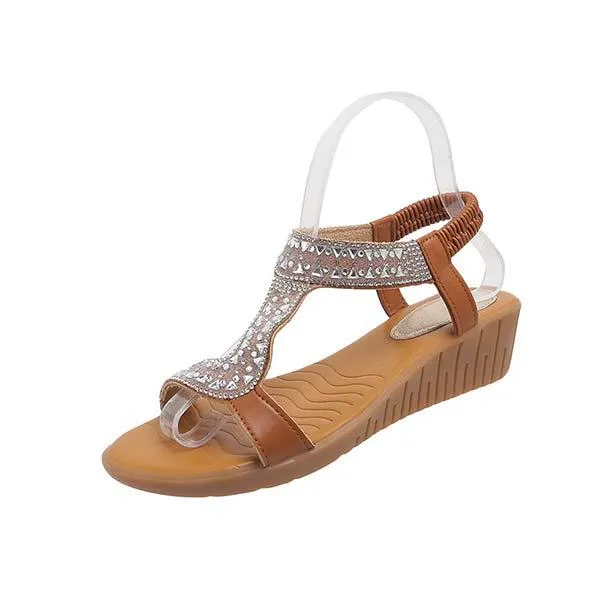 Women's Peep-Toe Elastic Strap Rhinestone Wedge Sandals 21563980C