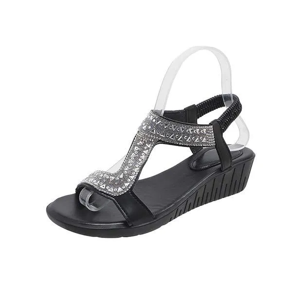 Women's Peep-Toe Elastic Strap Rhinestone Wedge Sandals 21563980C