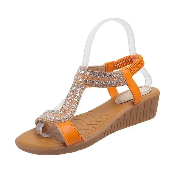 Women's Peep-Toe Elastic Strap Rhinestone Wedge Sandals 21563980C