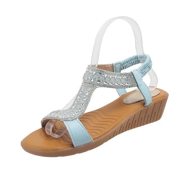 Women's Peep-Toe Elastic Strap Rhinestone Wedge Sandals 21563980C