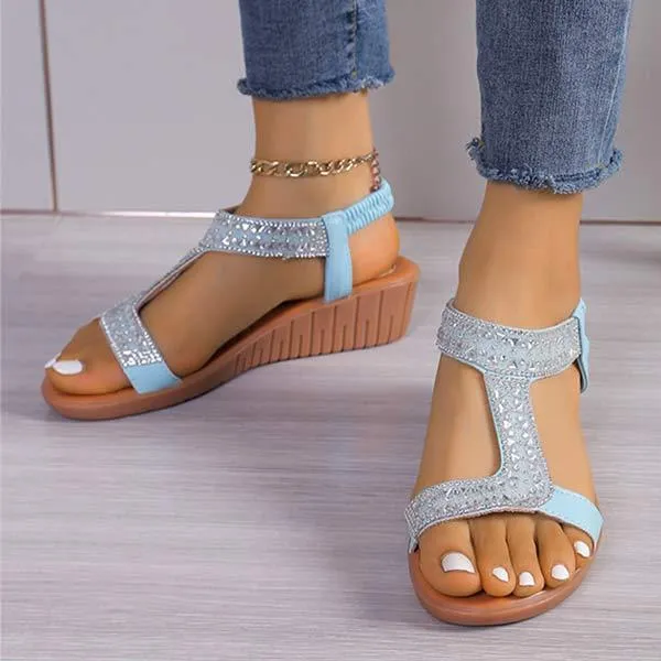 Women's Peep-Toe Elastic Strap Rhinestone Wedge Sandals 21563980C