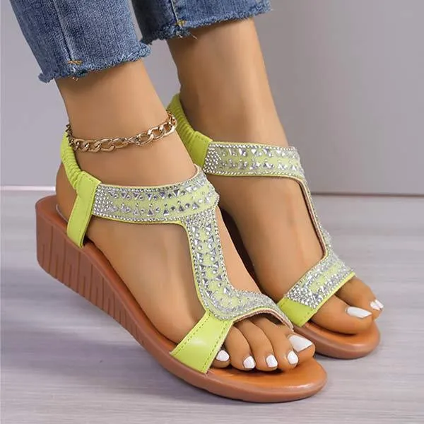 Women's Peep-Toe Elastic Strap Rhinestone Wedge Sandals 21563980C